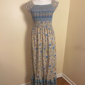 Boho Smocked Maxi Dress Floral Puff Sleeve Ruffle Hem Prairie Festival Sz L NWT